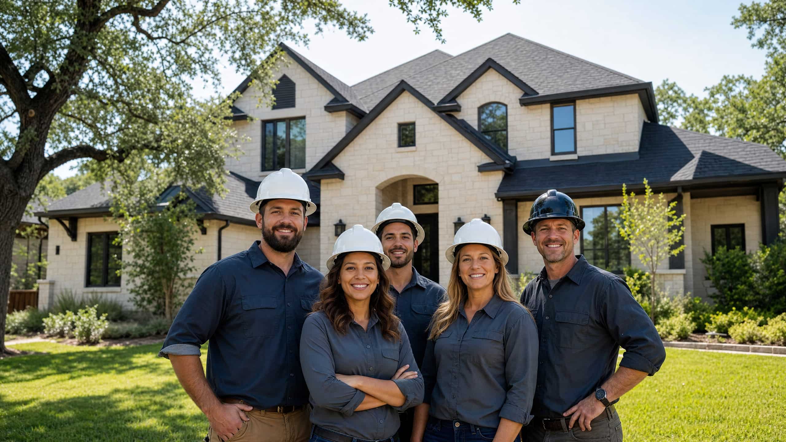 Action Exteriors Austin roofing team in front of a completed home
