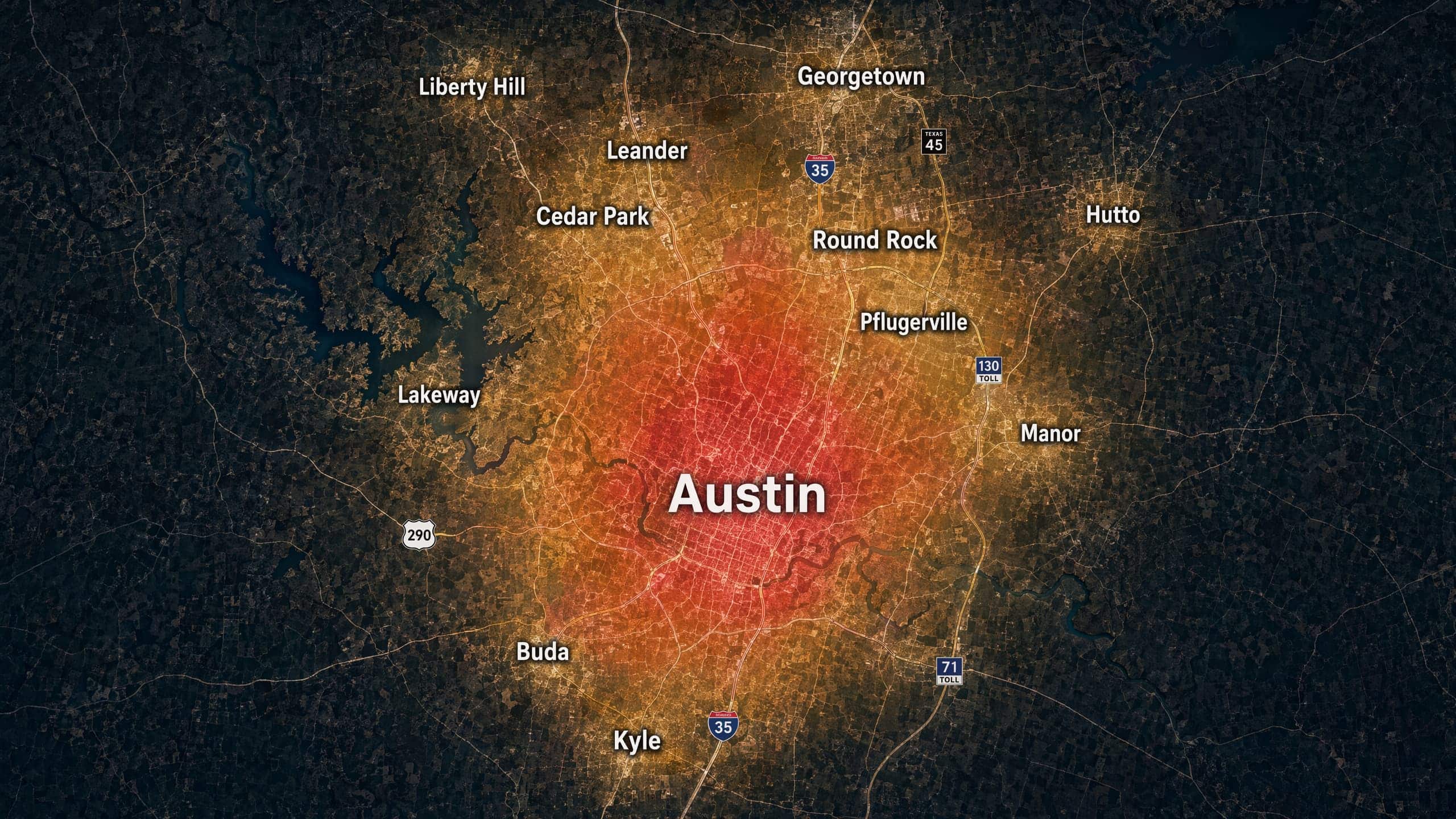 Action Exteriors Austin service area map covering Austin, Cedar Park, Round Rock, Georgetown, Leander, Pflugerville, Kyle, Buda and surrounding communities