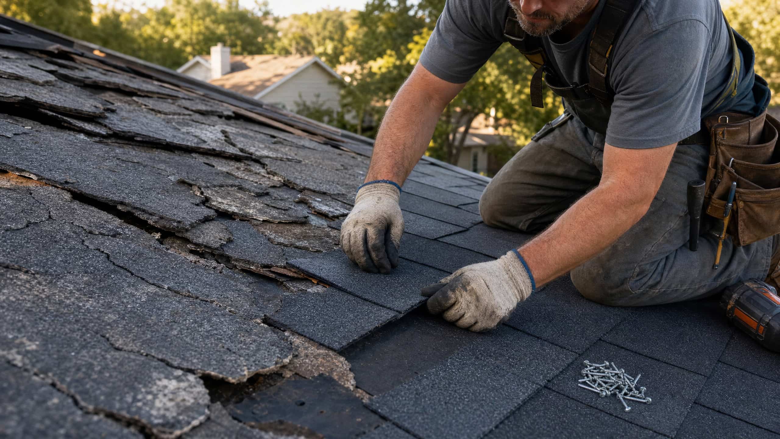 Professional roofer repairing damaged shingles on an Austin home