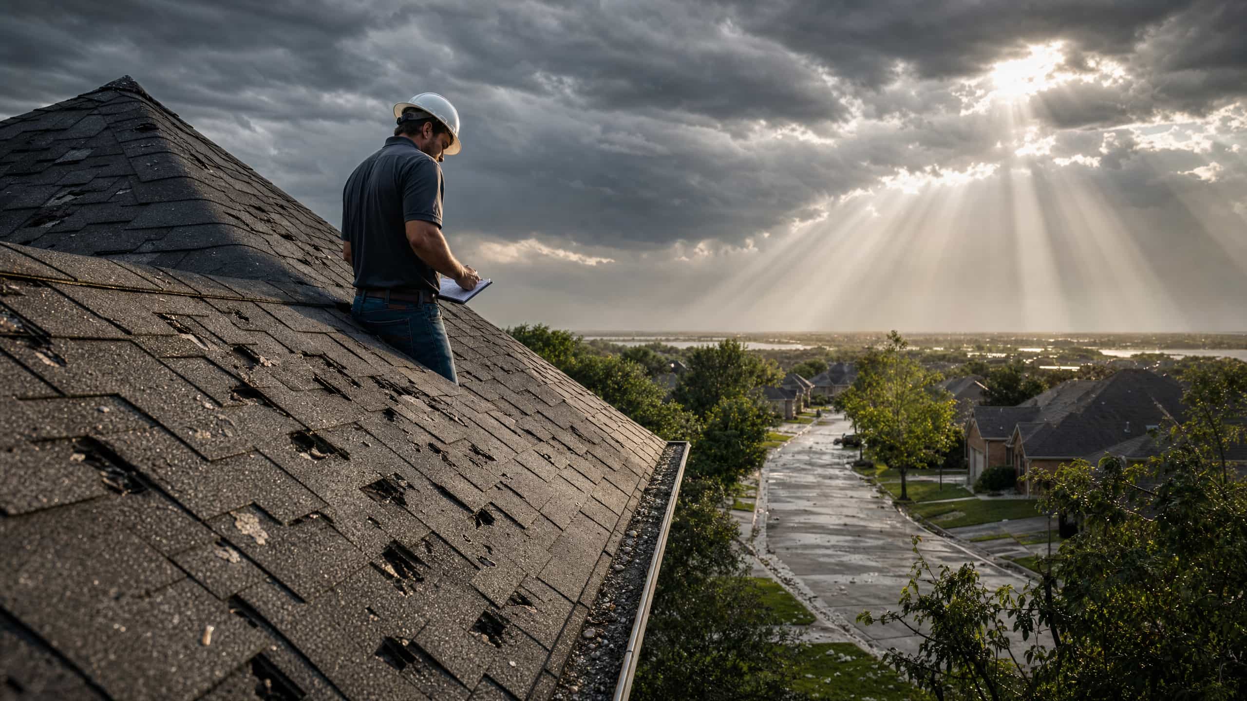 Roofing inspector examining hail damage on an Austin Texas home after a storm