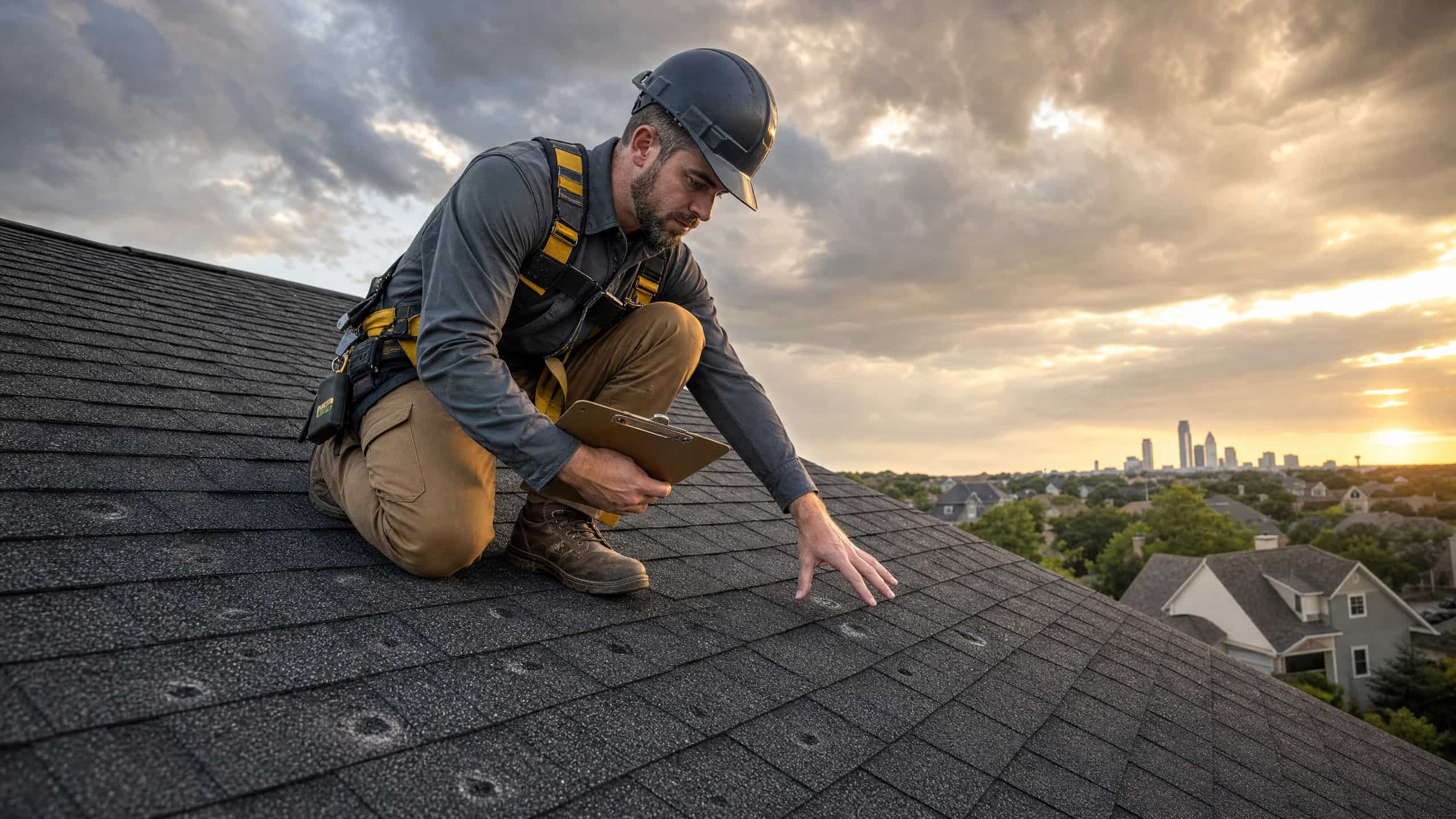 Roofing inspector examining hail damage on an Austin Texas home after a storm